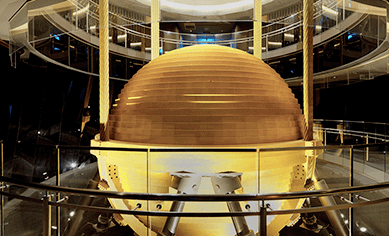 Taipei 101 Tuned Mass Damper(wind damping ball) is both functional and an aesthetic attraction. Visitors to the observation deck can get a glimpse of the overall operation of the damping system.