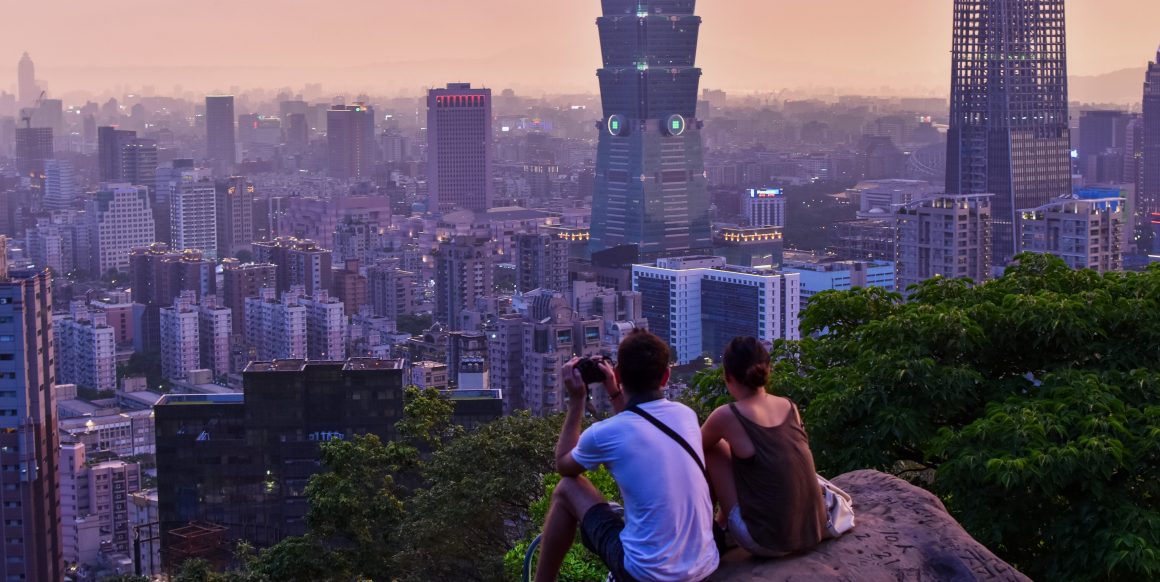 The sun sets over Taipei, as seen from Elephant Mountain.