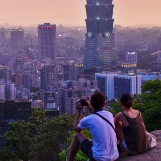 The sun sets over Taipei, as seen from Elephant Mountain.
